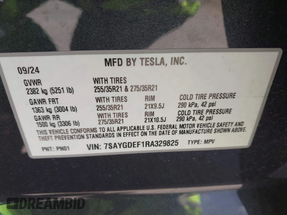 2024 Tesla Model Y Performance with VIN 7SAYGDEF1RA329825, listed as a IAAI auction lot 41762602 with 3,923 mi miles and . Bid and sale history available at DreamBid. Image 9.