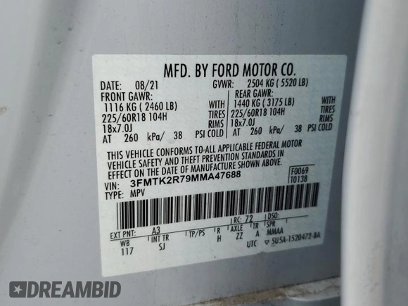 2021 Ford Mustang Mach-E California Route 1 with VIN 3FMTK2R79MMA47688, listed as a Copart auction lot 85988364 with 80,908 mi miles and Salvage Title. Bid and sale history available at DreamBid. Image 13.
