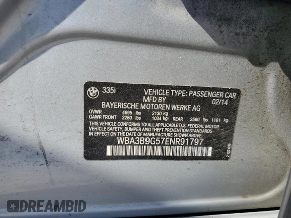 2014 BMW 3 Series 335i xDrive with VIN WBA3B9G57ENR91797, listed as a Copart auction lot 53724325 with 164,279 mi miles and Salvage Title. Bid and sale history available at DreamBid. Image 14.