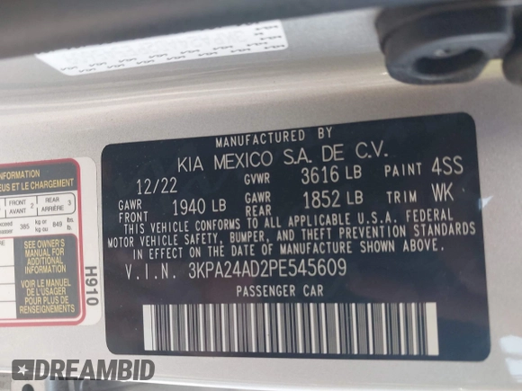 2023 Kia Rio S z VIN 3KPA24AD2PE545609, wystawiony jako IAAI lot #41993823 z przebiegiem 12 186 mil mil oraz . Historia ofert i sprzedaży dostępna na DreamBid. Obrazek 9.