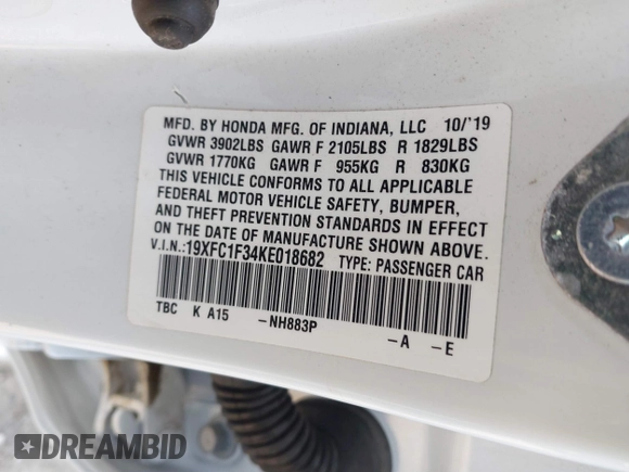 2019 Honda Civic Sedan EX with VIN 19XFC1F34KE018682, listed as a IAAI auction lot 41843545 with 73,992 mi miles. Bid and sale history available at carsss.com. Image 9.