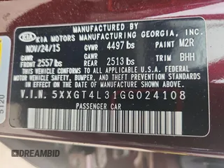 2016 Kia Optima LX with VIN 5XXGT4L31GG024108, listed as a Copart auction lot 60695765 with 92,417 mi miles and Salvage title. Bid and sale history available at DreamBid. Image 12.