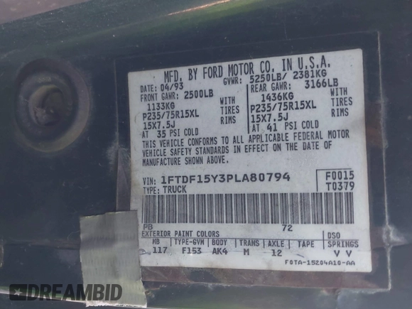 1993 Ford F-150 with VIN 1FTDF15Y3PLA80794, listed as a IAAI auction lot 42291626 with Not provided miles and . Bid and sale history available at DreamBid. Image 9.