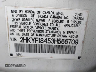 2003 Honda Pilot EX with VIN 2HKYF18453H566709, listed as a IAAI auction lot 42239595 with 191,626 mi miles and . Bid and sale history available at DreamBid. Image 9.