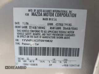2007 Mazda 6 i Sport VE with VIN 1YVHP80C375M19832, listed as a IAAI auction lot 41309583 with 236,940 mi miles and . Bid and sale history available at carsss.com. Image 9.