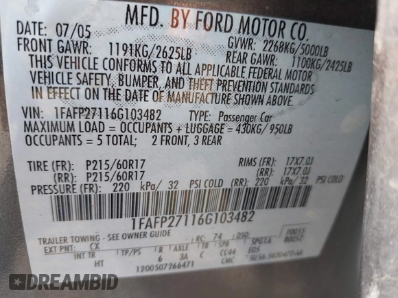 2006 Ford Five Hundred SEL with VIN 1FAFP27116G103482, listed as a IAAI auction lot 40033074 with 158,977 mi miles and . Bid and sale history available at DreamBid. Image 9.