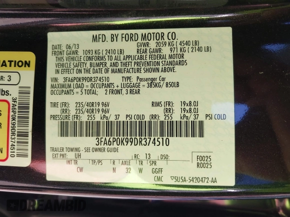 2013 Ford Fusion Titanium with VIN 3FA6P0K99DR374510, listed as a IAAI auction lot 42050026 with 133,227 mi miles and . Bid and sale history available at DreamBid. Image 9.