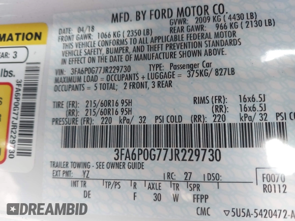 2018 Ford Fusion S with VIN 3FA6P0G77JR229730, listed as a IAAI auction lot 41426559 with 124,568 mi miles. Bid and sale history available at carsss.com. Image 9.