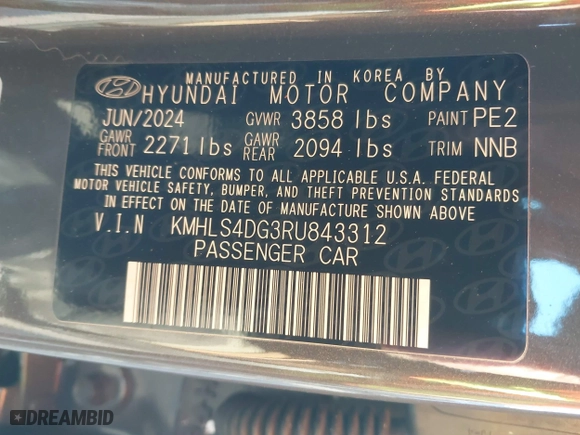 2024 Hyundai Elantra SEL with VIN KMHLS4DG3RU843312, listed as a IAAI auction lot 41345651 with 3,394 mi miles. Bid and sale history available at carsss.com. Image 9.