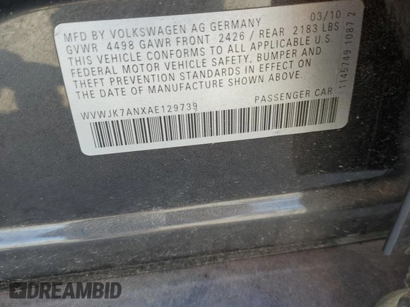 2010 Volkswagen Passat Komfort with VIN WVWJK7ANXAE129739, listed as a Copart auction lot 57798275 with 155,830 mi miles and Salvage title. Bid and sale history available at DreamBid. Image 12.