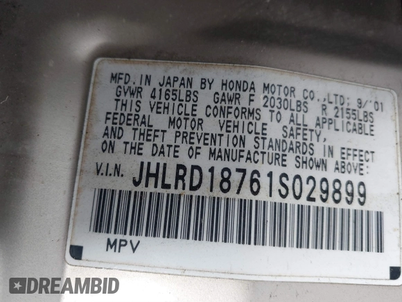 2001 Honda CR-V SE with VIN JHLRD18761S029899, listed as a IAAI auction lot 40825937 with 190,701 mi miles. Bid and sale history available at carsss.com. Image 9.