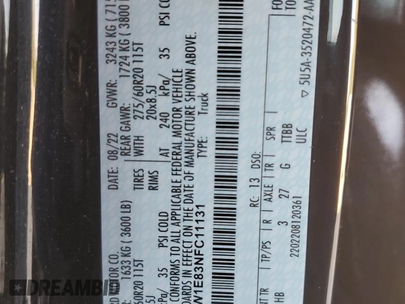 2022 Ford F-150 XL with VIN 1FTFW1E83NFC11131, listed as a Copart auction lot 52332295 with 0 mi miles and Salvage Title. Bid and sale history available at carsss.com. Image 13.