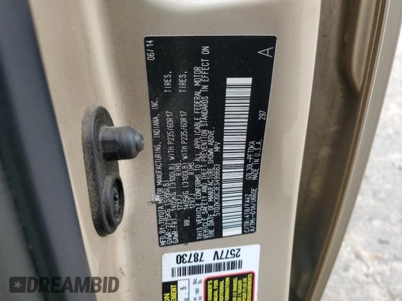 2014 Toyota Sienna L with VIN 5TDZK3DC3ES499663, listed as a Copart auction lot 57615535 with 201,561 mi miles and Salvage title. Bid and sale history available at DreamBid. Image 13.