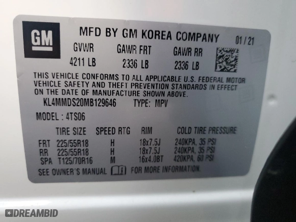 2021 Buick Encore GX Select with VIN KL4MMDS20MB129646, listed as a Copart auction lot 85542964 with NaN miles and Salvage Title. Bid and sale history available at carsss.com. Image 13.
