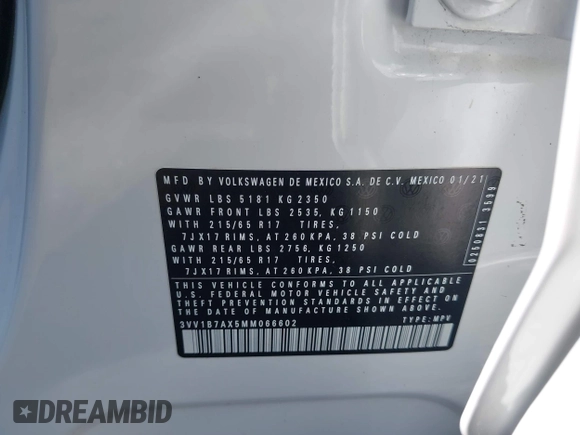 2021 Volkswagen Tiguan S с VIN 3VV1B7AX5MM066602, выставлен на аукционе IAAI как лот 42396301 с пробегом 75 654 миль миль и . История ставок и продаж доступна на DreamBid. Изображение 9.