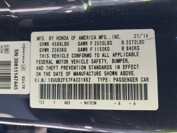 2015 Acura TLX V6 Tech with VIN 19UUB2F57FA001662, listed as a IAAI auction lot 41744255 with 146,778 mi miles. Bid and sale history available at carsss.com. Image 9.