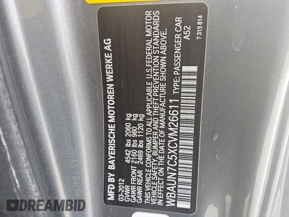 2012 BMW 1 Series 135i with VIN WBAUN7C5XCVM26611, listed as a Copart auction lot 61194845 with 81,430 mi miles and Clean title. Bid and sale history available at DreamBid. Image 12.