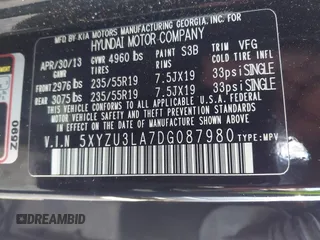 2013 Hyundai Santa Fe Sport z VIN 5XYZU3LA7DG087980, wystawiony jako IAAI lot #42324342 z przebiegiem 160 941 mil mil oraz . Historia ofert i sprzedaży dostępna na DreamBid. Obrazek 9.