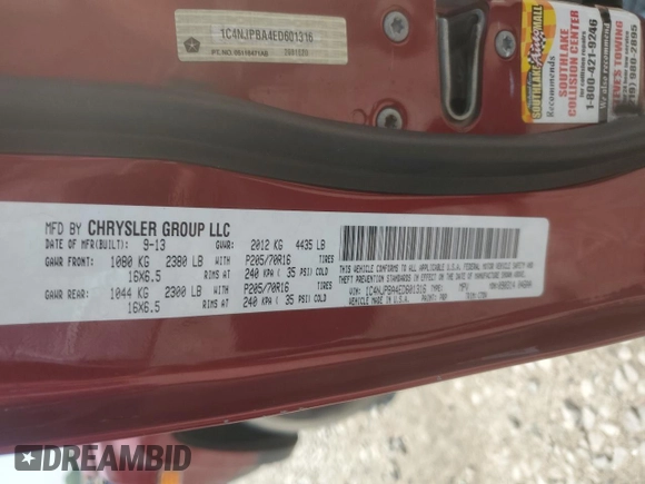2014 Jeep Patriot Sport with VIN 1C4NJPBA4ED601316, listed as a Copart auction lot 60350415 with 215,212 mi miles and Clean title. Bid and sale history available at DreamBid. Image 12.