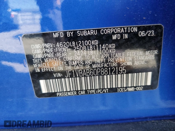 2023 Subaru WRX with VIN JF1VBAB60P8812195, listed as a Copart auction lot 50088245 with 22,588 mi miles and Salvage title. Bid and sale history available at DreamBid. Image 13.