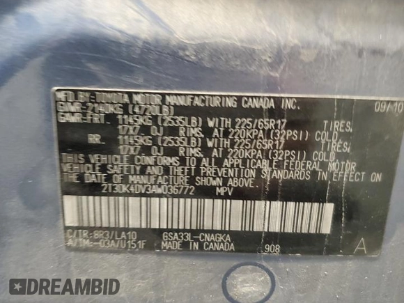 2010 Toyota RAV4 Limited with VIN 2T3DK4DV3AW036772, listed as a Copart auction lot 61120455 with 245,544 mi miles and Clean title. Bid and sale history available at DreamBid. Image 13.