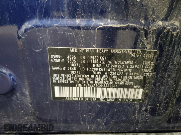 2017 Subaru Outback Touring z VIN 4S4BSATCXH3332287, wystawiony jako Copart lot #59547075 z przebiegiem 66 298 mil mil oraz Szkoda całkowita • Salvage title. Historia ofert i sprzedaży dostępna na DreamBid. Obrazek 14.