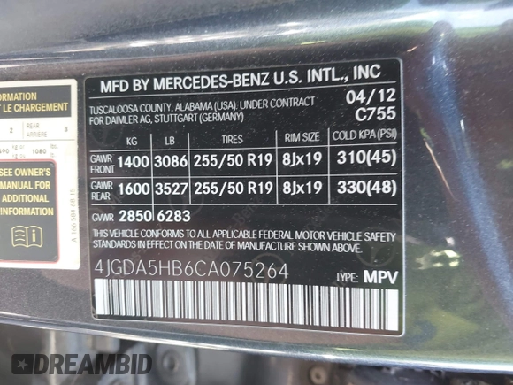 2012 Mercedes-Benz M ML 350 with VIN 4JGDA5HB6CA075264, listed as a IAAI auction lot 42059330 with 147,642 mi miles. Bid and sale history available at carsss.com. Image 9.