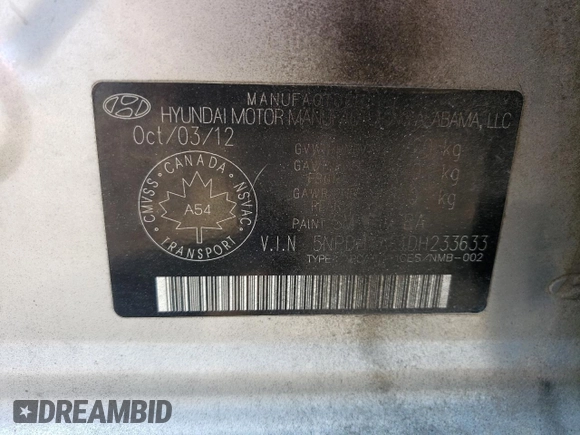 2013 Hyundai Elantra GLS with VIN 5NPDH4AE1DH233633, listed as a Copart auction lot 60449585 with 124,839 mi miles and Clean title. Bid and sale history available at DreamBid. Image 12.