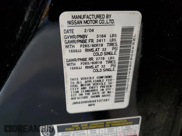 2004 Infiniti FX with VIN JNRAS08U94X107387, listed as a Copart auction lot 69709264 with 255,861 mi miles and Salvage Title. Bid and sale history available at DreamBid. Image 13.