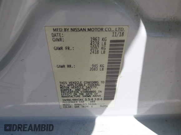 2019 Nissan Altima S with VIN 1N4BL4BV1KC154384, listed as a IAAI auction lot 41733885 with 102,566 mi miles and . Bid and sale history available at DreamBid. Image 9.