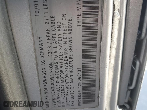 2002 Volkswagen EuroVan с VIN WV2KB47012H065431, выставлен на аукционе Copart как лот 49010445 с пробегом 78 985 миль миль и Чистый • Clean title. История ставок и продаж доступна на DreamBid. Изображение 13.