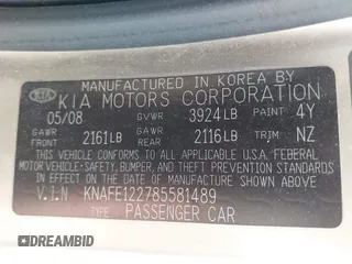 2008 Kia Spectra EX z VIN KNAFE122785581489, wystawiony jako IAAI lot #42550982 z przebiegiem 121 489 mil mil oraz . Historia ofert i sprzedaży dostępna na DreamBid. Obrazek 9.