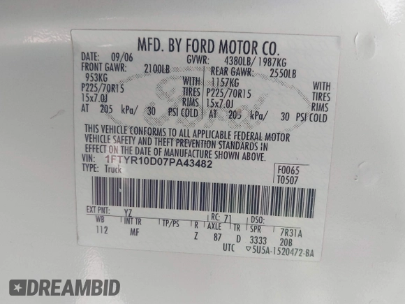 2007 Ford Ranger XL with VIN 1FTYR10D07PA43482, listed as a IAAI auction lot 41831516 with 105,557 mi miles and . Bid and sale history available at DreamBid. Image 9.