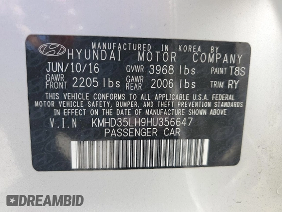 2017 Hyundai Elantra с VIN KMHD35LH9HU356647, выставлен на аукционе Copart как лот 59197435 с пробегом 84 758 миль миль и Чистый • Clean title. История ставок и продаж доступна на DreamBid. Изображение 13.