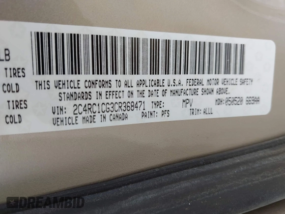 2012 Chrysler Town & Country Touring-L with VIN 2C4RC1CG3CR368471, listed as a IAAI auction lot 42045154 with 212,696 mi miles. Bid and sale history available at carsss.com. Image 9.