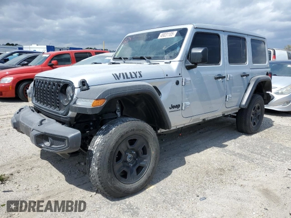2024 Jeep Wrangler Sport S z VIN 1C4PJXDGXRW289295, wystawiony jako Copart lot #49031105 z przebiegiem 3 358 mil mil oraz Szkoda całkowita • Salvage title. Historia ofert i sprzedaży dostępna na DreamBid. Obrazek 1.