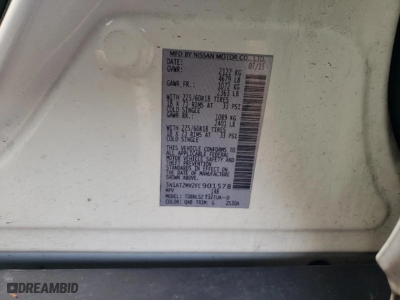 2015 Nissan Rogue SL with VIN 5N1AT2MV2FC901578, listed as a Copart auction lot 45116455 with 0 mi miles and Salvage Title. Bid and sale history available at carsss.com. Image 15.