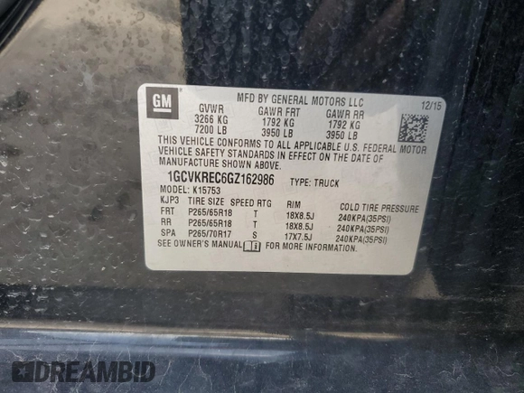 2016 Chevrolet Silverado 1500 LT with VIN 1GCVKREC6GZ162986, listed as a Copart auction lot 52947175 with 53,990 mi miles and Salvage Title. Bid and sale history available at DreamBid. Image 14.