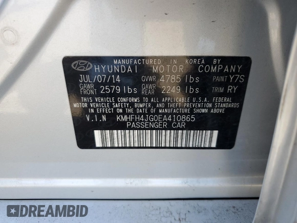 2014 Hyundai Azera Limited z VIN KMHFH4JG0EA410865, wystawiony jako Copart lot #50583525 z przebiegiem Nie podano mil oraz Szkoda całkowita • Salvage title. Historia ofert i sprzedaży dostępna na DreamBid. Obrazek 14.