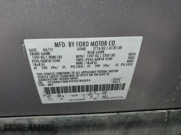 2017 Ford Explorer z VIN 1FM5K7B81HGC85253, wystawiony jako Copart lot #55349935 z przebiegiem 75 620 mil mil oraz Szkoda całkowita • Salvage title. Historia ofert i sprzedaży dostępna na DreamBid. Obrazek 13.