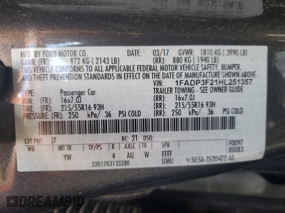 2017 Ford Focus SE with VIN 1FADP3F21HL251357, listed as a Copart auction lot 65214535 with 76,895 mi miles and Clean title. Bid and sale history available at DreamBid. Image 12.