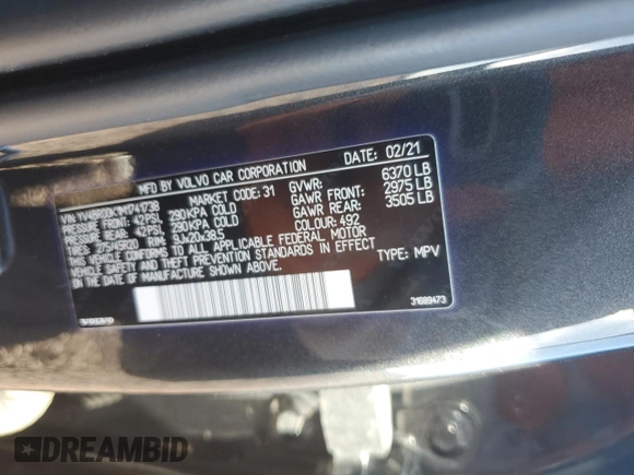 2021 Volvo XC90 Inscription Expression with VIN YV4BR00K1M1741738, listed as a Copart auction lot 39873384 with 29,359 mi miles. Bid and sale history available at carsss.com. Image 12.