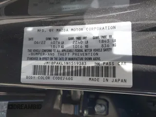 2022 Mazda 3 Select z VIN JM1BPAKL1N1519383, wystawiony jako IAAI lot #39742243 z przebiegiem 20 080 mil mil oraz . Historia ofert i sprzedaży dostępna na DreamBid. Obrazek 9.