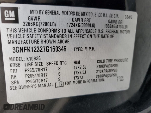 2007 Chevrolet Avalanche LT w/3LT with VIN 3GNFK12327G160346, listed as a Copart auction lot 70892764 with 127,481 mi miles and Salvage Title. Bid and sale history available at carsss.com. Image 12.