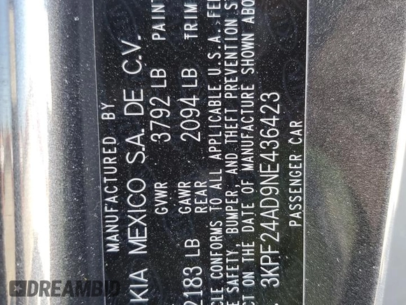 2022 Kia Forte LXS with VIN 3KPF24AD9NE436423, listed as a Copart auction lot 47824565 with 38,229 mi miles and Salvage Title. Bid and sale history available at carsss.com. Image 15.