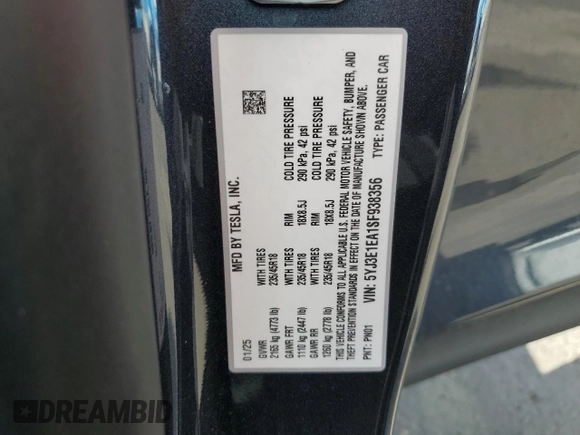 2025 Tesla Model 3 Long Range with VIN 5YJ3E1EA1SF938356, listed as a Copart auction lot 50609695 with 807 mi miles and Salvage Title. Bid and sale history available at DreamBid. Image 15.