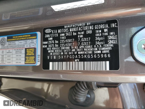 2019 Kia Sorento LX with VIN 5XYPGDA55KG565966, listed as a Copart auction lot 75736284 with Not Provided miles and Salvage Title. Bid and sale history available at DreamBid. Image 14.