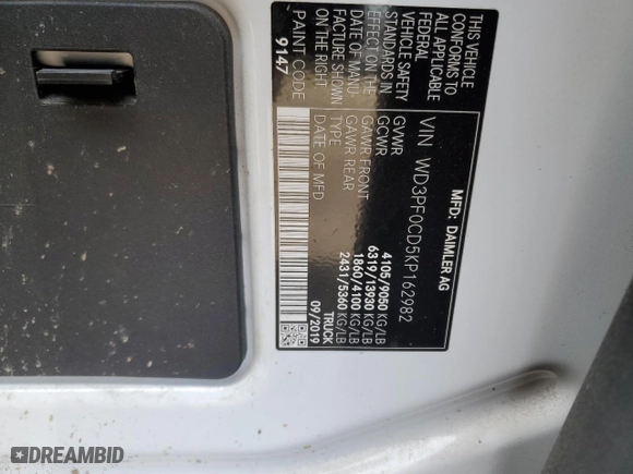 2019 Mercedes-Benz Sprinter Cargo Van with VIN WD3PF0CD5KP162982, listed as a Copart auction lot 50191745 with 0 mi miles and Salvage Title. Bid and sale history available at carsss.com. Image 14.