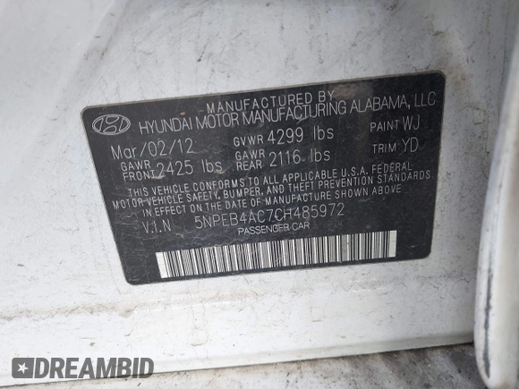 2012 Hyundai Sonata GLS with VIN 5NPEB4AC7CH485972, listed as a IAAI auction lot 41542270 with 160,055 mi miles and . Bid and sale history available at carsss.com. Image 9.
