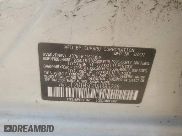 2021 Subaru Crosstrek Special Sports with VIN JF2GTHSC4MH389228, listed as a Copart auction lot 57715125 with 80,283 mi miles and Salvage title. Bid and sale history available at DreamBid. Image 13.